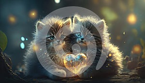 Two little kittens holds heart in paws on colorful lens flare background cute in love cats