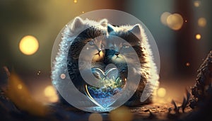 Two little kittens holds heart in paws on colorful lens flare background cute in love cats