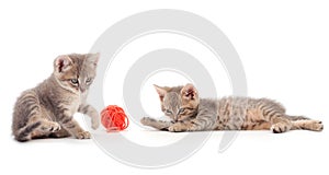 Two little kittens playing with a ball of yarn