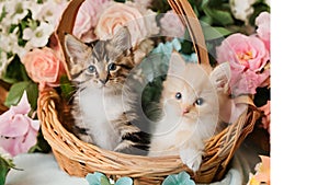 Two little kittens sitting in a basket with roses