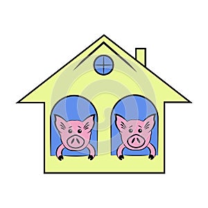 Two little pigs in house , farm animals , cartoon