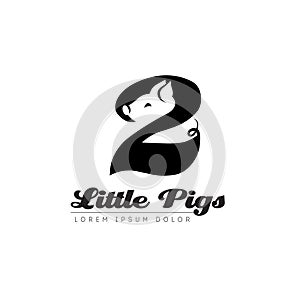 Two Little Pigs. Logo based on the fairy tale. Logotype with number 2, pig face and perky tail