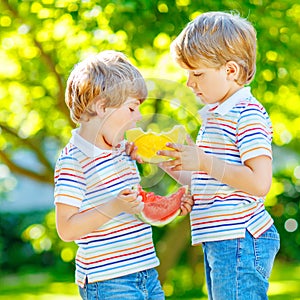 Two little preschool kid boys with blond hairs eating red and yellow watermelon in summer garden. Funny happy children