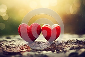 Two little red hearts on rocky ground in natural sunlight outdoors