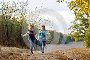 Two little school kids boys running and jumping in forest. Happy children, best friends and siblings having fun on warm