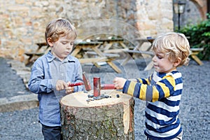 Two little sibling boys playing with hammer outdoors.