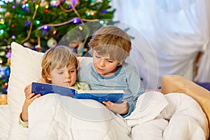 Two little sibling boys reading book on Christmas