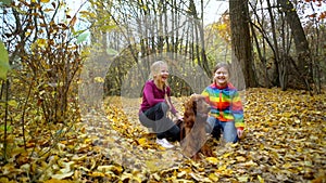 Two little sister girls play in the autumn Park with an Irish setter dog