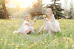 two little sisters collecting bouquets of dandelions .