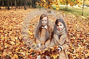 Two little sisters plays in the autumn leaves in park