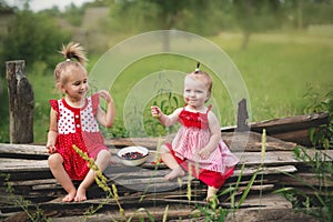 Two little sisters are sitting and eating blueberries.