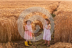 Two little sisters in straw hats and pink dresses are running around in a wheat field, having fun