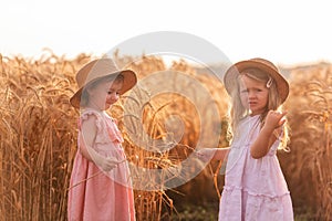 Two little sisters in straw hats and pink dresses are running around in a wheat field, having fun