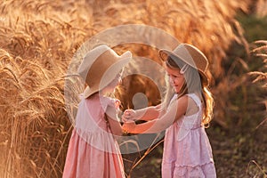 Two little sisters in straw hats and pink dresses are running around in a wheat field, having fun