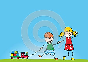 Two little smiling kids with toy, train, conceptual banner, vector, eps.