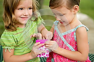 Two little twin sisters playing with pink box