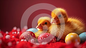 Two little yellow ducks and colorful easter eggs on red background