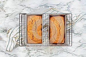 Two Loaves of Pumpkin Bread Cooling over Marble Background