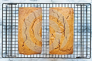 Two Loaves of Pumpkin Bread over Marble Background