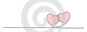 two locked hearts continuous one line drawing, valentines day, love black linear horizontal vector decorative element