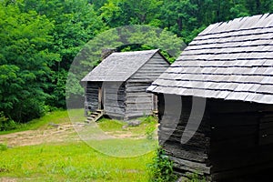 Two log cabins deep in the woods