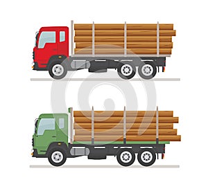 Two logging trucks on the road. Isolated on white background. Wood production and forestry.