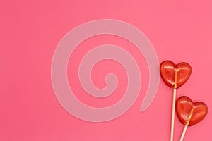 Two lollipops. Red hearts. Candy. Love concept. Valentine day