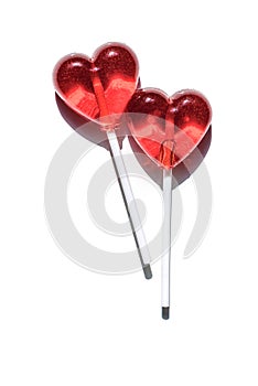 Two lollipops. Red hearts. Candy. Love concept. Valentine day