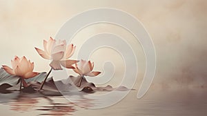 Two lotus flowers or water lilies on the left side of a clean beige colored background with large space for copy, AI generated