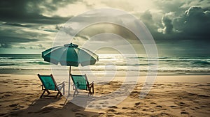 two lounge chair with umbrella in beach ai generated