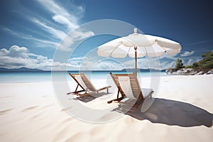 two lounge chair and white umbrella in white sand beach and blue background