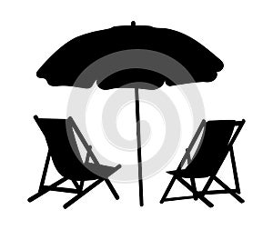 Two lounge chairs under an umbrella on the beach. Black and white illustration of lounges under a canopy. Vacation