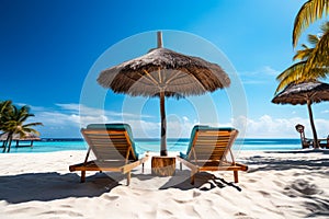 Two lounge chairs under umbrella on beach with the ocean in the background. Generative AI