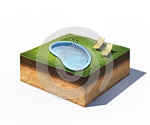 Two loungers and water pool on cross section of ground with grass isolated on white