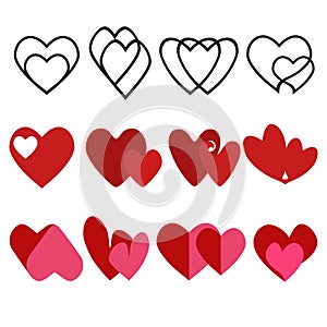 Two love heart icon. Loving hearts, red like and lovely romance outline symbols. Valentine lovely passion hearted emotional drawn