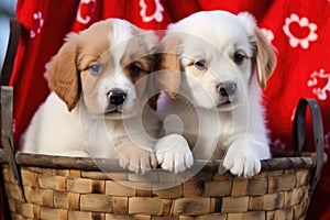 two love puppies in a paw print-patterned basket