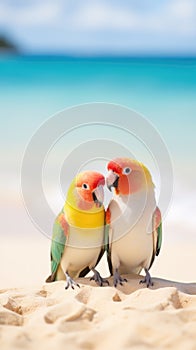 Two lovebirds on the beach, AI