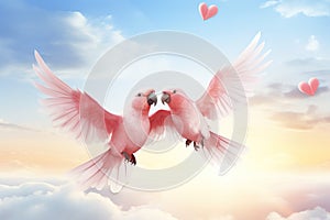 Two lovebirds are flying in the shape of a heart