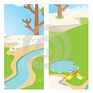 Two lovely birds spring street outdoor nature card with tree and couple vector fall in love fly animals kissing with