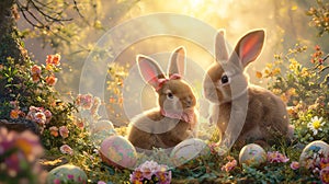 Two Lovely Bunny with Eggs Decorated in The Garden