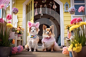 Two lovely dogs sitting outdoors on a decorated porch, springtime and easter time