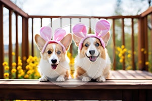 Two lovely dogs wearing toy Easter Bunny ears sitting outdoors on a porch, springtime and easter time.