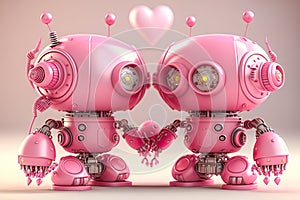 two lovely robots with pink hearts