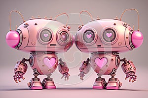 two lovely robots with pink hearts