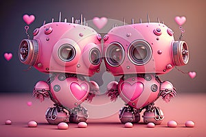 two lovely robots with pink hearts