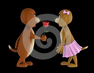 Two lover valentine dogs isolated on black background. 3d render