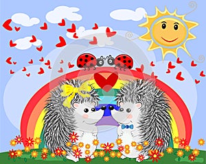 Two lovers cute cartoon hedgehogs, a boy and a girl near a seven-colored rainbow and ladybugs on a spring