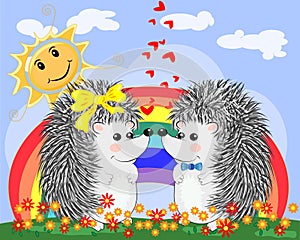 Two lovers cute cartoon hedgehogs, a boy and a girl near a seven-colored rainbow and ladybugs on a spring