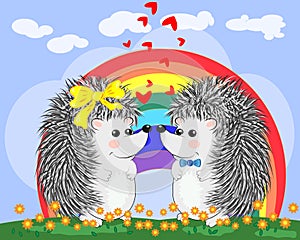 Two lovers cute cartoon hedgehogs, a boy and a girl near a seven-colored rainbow and ladybugs on a spring