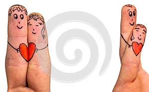 Two lovers funny painted as finger figurines on white background